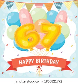 Happy birthday greeting card with big foil number balloon, colorful balloons, garlands decorations and confetti. vector illustration
