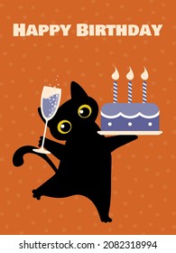 Happy birthday greeting card. Black cute cat congratulates with cake with candles and a glass of sparkling champagne. Poster on brown background in flat style. Vector.