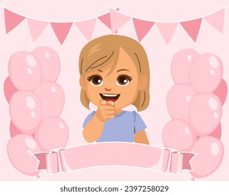 Happy Birthday Greeting Card With Blank Placard Girl Design.  Colorful pink invitation for baby girls anniversary