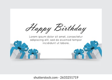 Happy birthday greeting card with blue gift boxes and ribbons in flat elegant style