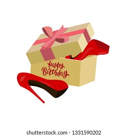 Happy Birthday greeting card. Greeting box with lettering design. Red shoes for women. - Vector