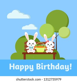 Happy Birthday greeting card with boy and girl sweet bunny rabbits on wooden bench holding wicker basket with fresh carrots on spring landscape background. Vector illustration cartoon flat style.