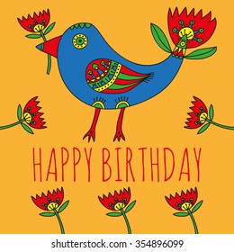 Happy Birthday greeting card. Bright fantastic bird with tulips. Vector illustration