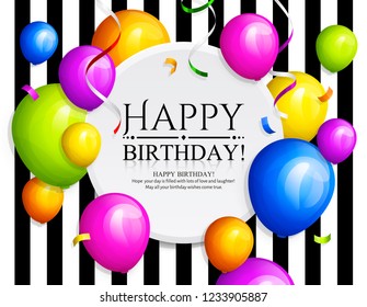 Happy Birthday greeting card. Bunch of colorful balloons, streamers and confetti. Stylish lettering on striped background. Vector.