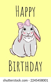 Happy Birthday greeting card with bunny girl with pink bow