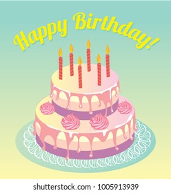 Happy birthday greeting card. Cake with candles. Cute pastel style. Vector illustration.