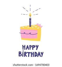 Happy Birthday greeting card with cake, cupcake, topper, candles and lettering text. Vector hand drawn illustration. Scandinavian style
