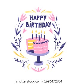 Carta feliz de cumpleaños con torta, quequito, cordero, velas y texto con letras. Ilustración dibujada a mano por vectores. Estilo escandinavo