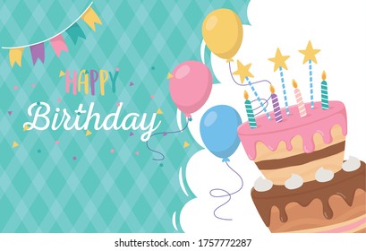 happy birthday, greeting card cake candles balloons celebration vector illustration