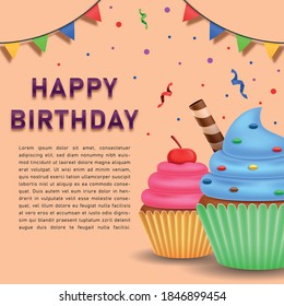 Happy birthday greeting card with cake and ribbon