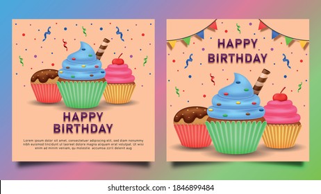 Happy birthday greeting card with cake and ribbon