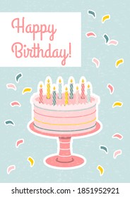 Happy birthday greeting card. Cake with candles. Hand-drawn textured vector illustration