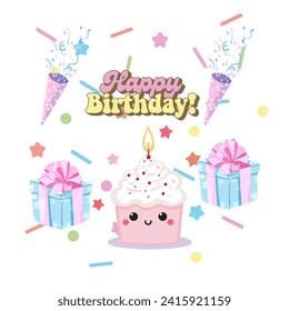 Happy birthday greeting card with a cake, gifts and colorful confetti.