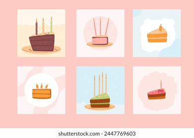 Happy Birthday greeting card with cake slice. Sweet bakery holiday square posters for social media. Pastry dessert with cream and candles festive flyer. Vector pie hand drawn flat illustration.