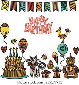 Happy birthday greeting card cake cat bear balloons gifts bird cute cartoon vector illustration