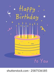 Happy Birthday Greeting Card with Cake and Candles – Purple Background,Colorful and festive birthday greeting card illustration featuring a yellow cake with lit candles on a vibrant purple background