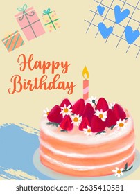 Happy birthday greeting card with cake and gifts at cream background. ( original illustration, not AI-generated )