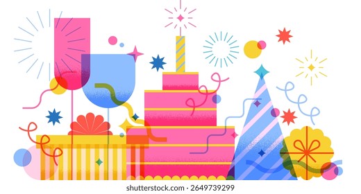Happy Birthday greeting card with cake, candle, cone hat, gifts, champagne or wine. Vector flat geometric celebration illustration. Design elements for holiday party invitation, festive banner, poster