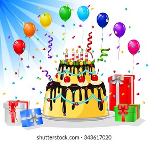 Happy birthday greeting card with cake and balloons