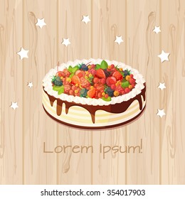 Happy Birthday Greeting Card with cake illustration. Natural wooden background with decorative cake. Card with a realistic cake and a three-dimensional stars. Vector illustration