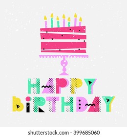 Happy birthday greeting card with cake and candles. Retro 80s - 90s style. Vector illustration 