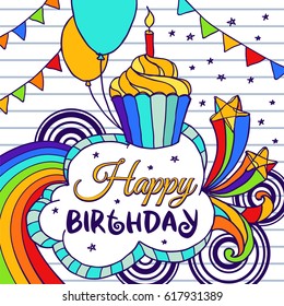 Happy Birthday greeting card with cake, firework ,stars and balloons in bright colors. Vector illustration