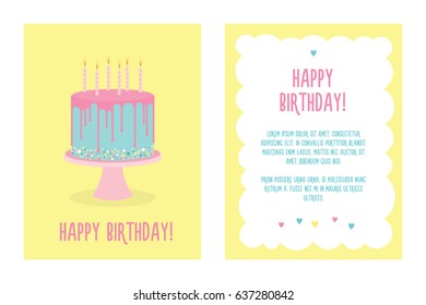 Happy birthday greeting card with cake and candles. Vector. Place for your text