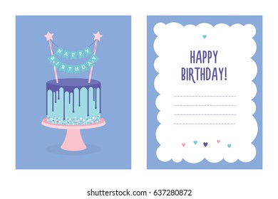 Happy birthday greeting card with cake and decoration. Vector. Place for your text