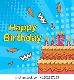 happy birthday greeting card with birthday cake,candle comic style background flat design