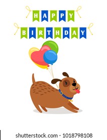 Happy birthday greeting card with cartoon cute dog and colorful balloons, vector illustration