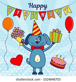 Happy birthday greeting card. A cartoon dog with a gift and a bouquet of flowers, balloons, a heart and a cake with candles. Vector illustration