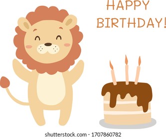 Happy birthday! Greeting card with cartoon lion. Vector illustration.