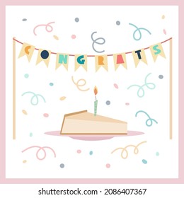 
Happy Birthday greeting card with a cartoon style cheesecake with candles, confetti and congrats letters. Vector illustration isolated on white background.
