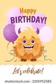 Happy Birthday greeting card with a cartoon fluffy monster and various balloons. A vertical festive postcard template for children. Birthday party concept, Halloween. Vector illustration.