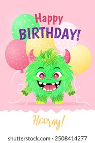 Happy Birthday greeting card with a cartoon fluffy monster and various balloons. A vertical festive postcard template for children. Birthday party concept, Halloween. Vector illustration.