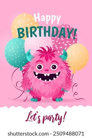 Happy Birthday greeting card with a cartoon fluffy monster and various balloons. A vertical festive postcard template for children. Birthday party concept, Halloween. Vector illustration.