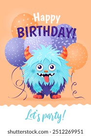 Happy Birthday greeting card with a cartoon fluffy monster and various balloons. A vertical festive postcard template for children. Birthday party concept, Halloween. Vector illustration.