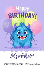 Happy Birthday greeting card with a cartoon fluffy monster and various balloons. A vertical festive postcard template for children. Birthday party concept, Halloween. Vector illustration.