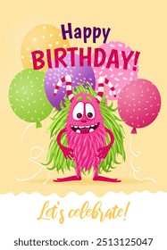 Happy Birthday greeting card with a cartoon fluffy monster and various balloons. A vertical festive postcard template for children. Birthday party concept, Halloween. Vector illustration.
