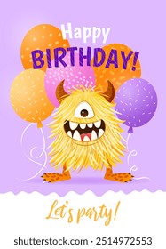 Happy Birthday greeting card with a cartoon fluffy monster and various balloons. A vertical festive postcard template for children. Birthday party concept, Halloween. Vector illustration.