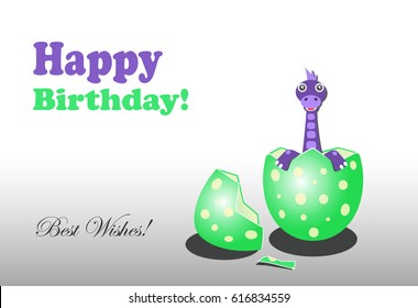 Happy Birthday greeting card.  Cartoon dinosaur borning in egg isolated.