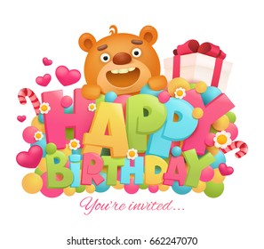 Happy birthday greeting card with cartoon teddy bear character. Vector illustration