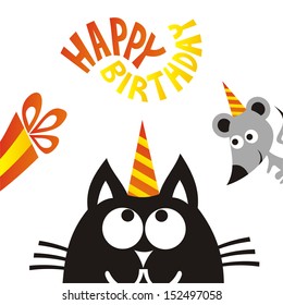 Happy birthday greeting card cat and mouse cartoon vector illustration