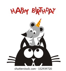 Happy birthday greeting card cat and mouse vector illustration