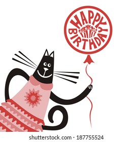 Happy birthday greeting card cat with balloon vector illustration