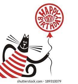 Happy birthday greeting card cat with balloon vector illustration