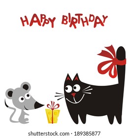 Happy birthday greeting card cat and mouse vector illustration