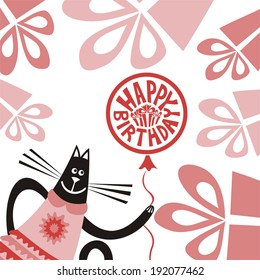 Happy birthday greeting card cat with balloon vector illustration