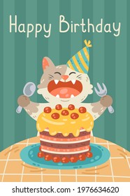 Happy birthday greeting card with cat, cake, party hat. The kitty opened his mouth to eat the birthday pie with a fork and spoon. Vector illustration for postcard, print, poster.