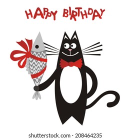Happy birthday greeting card cat with fish vector illustration